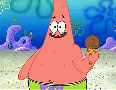 A picture of a pink star fish by the name of Patrick holding ice cream, supporting drip cream